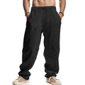 Close-up of men's breathable linen trousers featuring drawstring waist and large pockets - Black
