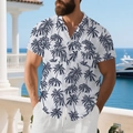 Detail of white palm tree print shirt with double chest pockets and linen texture fabric - S / White