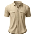 Detail of khaki linen shirt featuring breathable textured fabric and symmetric button pockets - S / Khaki