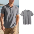 Men's loose linen polo shirt in grey with short sleeves and classic buttoned collar - S / Tops / Gray
