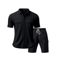 Detail von schwarzem Leinen-Sommerset mit Pattentaschen und Shorts mit Kordelzug - S / Oberteil Und Unterteil / Schwarz