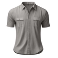 Close-up of gray short-sleeve linen shirt featuring dual chest pockets and fabric texture - S / Gray