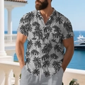Close-up of grey summer shirt featuring black palm tree prints and linen texture fabric - S / Gray