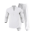 Detailed macro view of white linen Henley shirt neckline with button closure and M size tag - S / Top And Bottom / White