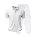 Conjunto de lino blanco para hombre con camisa de manga corta y pantalón cargo - Blanco