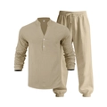 Detailed macro view of the linen-like fabric texture and V-neck buttons on the khaki set - Light Khaki