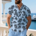 Close-up of men's blue tropical coconut tree print shirt and matching drawstring shorts - S / Light Blue