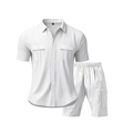 Herren Sommer Leinen Set in Weiß mit Kurzarmhemd und Cargo Shorts mit Tunnelzug - S / Oberteil Und Unterteil / Weiß