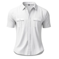 Close-up of white linen short sleeve shirt featuring front pockets and textured fabric - S / White