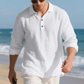Detail of white linen long sleeve polo shirt with textured fabric for beach vacation wear - S / Tops / White