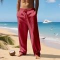 Detail of red linen casual pants showing drawstring waist and breathable fabric texture - Watermelon red