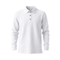 Detail view of white linen waffle texture polo shirt with wooden brown buttons and ribbed cuff - S / White