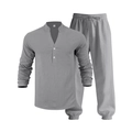 Detail of grey cotton linen fabric on men's Henley shirt and drawstring joggers set - S / Top And Bottom / Gray