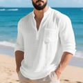 Detailed texture of white linen Henley shirt featuring a small stand collar and chest pocket - White