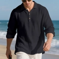 Close-up of black linen long sleeve polo shirt with wooden buttons in a beach setting - S / Tops / Black