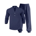 Detail of navy blue cotton linen fabric on long sleeve Henley shirt and joggers set - S / Top And Bottom / Navy Blue
