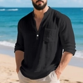 Detail of black linen Henley shirt showing band collar and rustic fabric texture - Black
