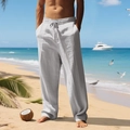 Men's breathable white linen trousers with drawstring waist on tropical beach - Light Gray