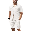 Detail of white waffle knit texture on men's summer short sleeve shirt and shorts set - S / White