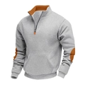 Detailed macro view of gray fleece sweatshirt featuring orange elbow patches and quarter zip - S / Tops / Light Gray