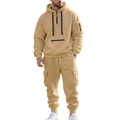 Tuta da uomo in pile kaki con felpa con cappuccio a mezza zip e pantaloni cargo multitasche - M / Cachi