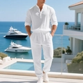 Witte linnen tweedelige set voor heren met Henley-shirt met lange mouwen en trekkoord broek - S / Boven- En Onderstuk / Wit