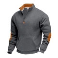 Detail van sweatshirt met kwartritssluiting, oranje voering en elleboogstukken - donkergrijs