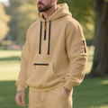 Men's winter fleece tracksuit set with half-zip hoodie and cargo pants in khaki sand color - M / Tops / Khaki