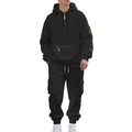 Tuta da uomo in pile pesante nero con felpa con cappuccio e pantaloni cargo - Taglia M / Top E Pantaloni / Nero