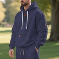 Men's navy blue fleece tracksuit with orange half-zip hoodie and drawstring joggers - M / Tops / Navy Blue