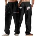 Men's black linen drawstring pants with decorative zippers and artistic back pocket labels - S / Bottoms / Black