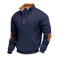 Men's navy quarter-zip sweatshirt with orange contrast elbow patches and kangaroo pocket - S / Tops / Navy Blue