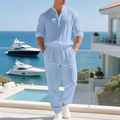 Men's light blue cotton linen leisure set with long sleeve Henley shirt and joggers - Light Blue