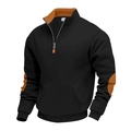 Detailed view of black 1/4 zip pullover with orange contrast collar and elbow patches - S / Tops / Black