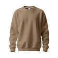 Detail of khaki crewneck sweatshirt showing ribbed collar, sleeve cuffs and size M label - Camel
