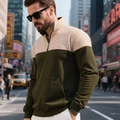 Detail of men's quarter-zip hoodie with diamond quilting and contrast patchwork design - S / Tops / Khaki and Army Green