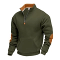 Detail of olive sweatshirt showing 1/4 zipper, orange elbow patches and kangaroo pocket - S / Tops / Army Green