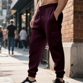 Detail of dark burgundy waffle textured cargo joggers with drawstring waist and flap pockets - S / Bottoms / Navy Blue