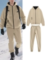 Men's solid beige hooded fleece tracksuit set with zip-up cardigan and drawstring pants - S / Khaki