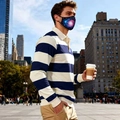 Detail of navy blue and cream striped long sleeve polo shirt with ribbed cuffs and collar - S / Tops / Navy Blue