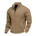 Detail of khaki fleece hoodie featuring a 1/4 metal zipper and front kangaroo pocket - Camel