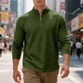 Dettaglio del tessuto a nido d'ape verde oliva e collo alto con zip a un quarto da uomo - Taglia S / Top / Verde militare