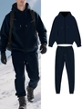 Men's dark blue fleece zip-up hoodie and joggers set for winter outdoor sports - S / Navy Blue