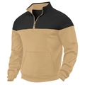 Detail view of the heavy rhombus quilted stitching and half-zip collar on men's sweatshirt - Camel