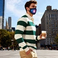Men's casual long-sleeved polo shirt with green and white stripes and artful nebula mask - S / Tops / Green