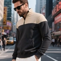 Detail of men's quarter-zip sweatshirt featuring beige quilted pattern and grey knit sleeves - S / Tops / Khaki and Black