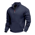 Detail view of men's navy half-zip fleece sweatshirt with ribbed cuffs and collar - S / Tops / Navy Blue