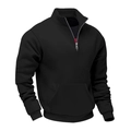 Detail of men's black quarter-zip pullover featuring a stand collar and kangaroo pocket - S / Tops / Black