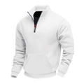 Detail of white half-zip sweatshirt showing silver metal zipper and stand collar texture - S / Tops / White