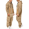 Dual-angle view of men's khaki utility tracksuit featuring hood and cargo pockets - S / Khaki